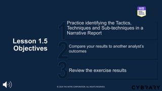 Lesson 1.5
Objectives
Review the exercise results
Compare your results to another analyst’s
outcomes
Practice identifying the Tactics,
Techniques and Sub-techniques in a
Narrative Report
© 2024 THE MITRE CORPORATION. ALL RIGHTS RESERVED.
 