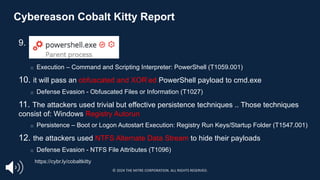 Cybereason Cobalt Kitty Report
9.
□ Execution – Command and Scripting Interpreter: PowerShell (T1059.001)
10. it will pass an obfuscated and XOR’ed PowerShell payload to cmd.exe
□ Defense Evasion - Obfuscated Files or Information (T1027)
11. The attackers used trivial but effective persistence techniques .. Those techniques
consist of: Windows Registry Autorun
□ Persistence – Boot or Logon Autostart Execution: Registry Run Keys/Startup Folder (T1547.001)
12. the attackers used NTFS Alternate Data Stream to hide their payloads
□ Defense Evasion - NTFS File Attributes (T1096)
https://cybr.ly/cobaltkitty
© 2024 THE MITRE CORPORATION. ALL RIGHTS RESERVED.
 