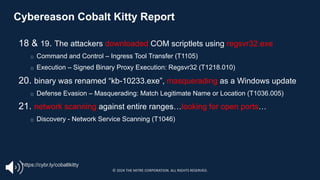 Cybereason Cobalt Kitty Report
18 & 19. The attackers downloaded COM scriptlets using regsvr32.exe
□ Command and Control – Ingress Tool Transfer (T1105)
□ Execution – Signed Binary Proxy Execution: Regsvr32 (T1218.010)
20. binary was renamed “kb-10233.exe”, masquerading as a Windows update
□ Defense Evasion – Masquerading: Match Legitimate Name or Location (T1036.005)
21. network scanning against entire ranges…looking for open ports…
□ Discovery - Network Service Scanning (T1046)
https://cybr.ly/cobaltkitty
© 2024 THE MITRE CORPORATION. ALL RIGHTS RESERVED.
 