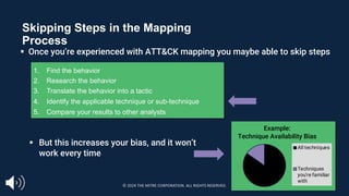 Skipping Steps in the Mapping
Process
1. Find the behavior
2. Research the behavior
3. Translate the behavior into a tactic
4. Identify the applicable technique or sub-technique
5. Compare your results to other analysts
Sometimes we jump
directly here
§ But this increases your bias, and it won’t
work every time
§ Once you’re experienced with ATT&CK mapping you maybe able to skip steps
Example:
Technique Availability Bias
All techniques
Techniques
you're familiar
with
© 2024 THE MITRE CORPORATION. ALL RIGHTS RESERVED.
 