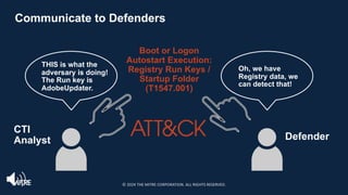 Communicate to Defenders
CTI
Analyst Defender
Boot or Logon
Autostart Execution:
Registry Run Keys /
Startup Folder
(T1547.001)
THIS is what the
adversary is doing!
The Run key is
AdobeUpdater.
Oh, we have
Registry data, we
can detect that!
© 2024 THE MITRE CORPORATION. ALL RIGHTS RESERVED.
 