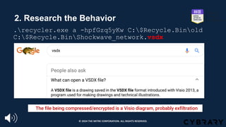 2. Research the Behavior
.recycler.exe a -hpfGzq5yKw C:$Recycle.Binold
C:$Recycle.BinShockwave_network.vsdx
The file being compressed/encrypted is a Visio diagram, probably exfiltration
© 2024 THE MITRE CORPORATION. ALL RIGHTS RESERVED.
 