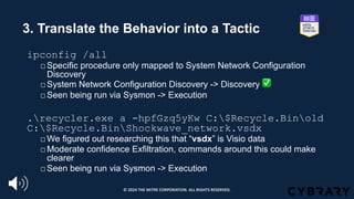 3. Translate the Behavior into a Tactic
ipconfig /all
□Specific procedure only mapped to System Network Configuration
Discovery
□System Network Configuration Discovery -> Discovery ✅
□Seen being run via Sysmon -> Execution
.recycler.exe a -hpfGzq5yKw C:$Recycle.Binold
C:$Recycle.BinShockwave_network.vsdx
□We figured out researching this that “vsdx” is Visio data
□Moderate confidence Exfiltration, commands around this could make
clearer
□Seen being run via Sysmon -> Execution
© 2024 THE MITRE CORPORATION. ALL RIGHTS RESERVED.
 
