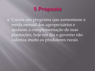  Criaria um programa que aumentasse a 
renda mensal dos agropecuários e 
ajudasse a complementação de suas 
plantações, hoje em dia o governo não 
valoriza muito os produtores rurais 
 