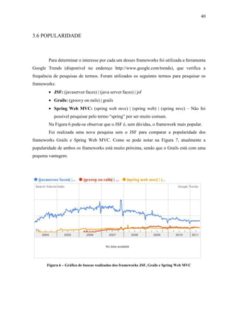 40
3.6 POPULARIDADE
Para determinar o interesse por cada um desses frameworks foi utilizada a ferramenta
Google Trends (disponível no endereço http://www.google.com/trends), que verifica a
frequência de pesquisas de termos. Foram utilizados os seguintes termos para pesquisar os
frameworks:
• JSF: (javaserver faces) | (java server faces) | jsf
• Grails: (groovy on rails) | grails
• Spring Web MVC: (spring web mvc) | (spring web) | (spring mvc) – Não foi
possível pesquisar pelo termo “spring” por ser muito comum.
Na Figura 6 pode-se observar que o JSF é, sem dúvidas, o framework mais popular.
Foi realizada uma nova pesquisa sem o JSF para comparar a popularidade dos
frameworks Grails e Spring Web MVC. Como se pode notar na Figura 7, atualmente a
popularidade de ambos os frameworks está muito próxima, sendo que o Grails está com uma
pequena vantagem.
Figura 6 – Gráfico de buscas realizadas dos frameworks JSF, Grails e Spring Web MVC
 