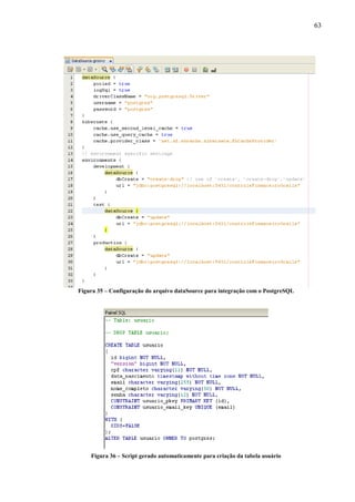 63
Figura 35 – Configuração do arquivo dataSource para integração com o PostgreSQL
Figura 36 – Script gerado automaticamente para criação da tabela usuário
 