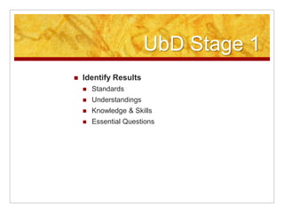 UbD Stage 1Identify ResultsStandardsUnderstandingsKnowledge & SkillsEssential Questions