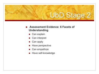 UbD Stage 2Assessment Evidence: 6 Facets of UnderstandingCan explainCan interpretCan applyHave perspectiveCan empathizeHave self-knowledge 