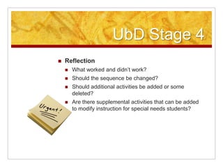 UbD Stage 4ReflectionWhat worked and didn’t work? Should the sequence be changed?Should additional activities be added or some deleted?Are there supplemental activities that can be added to modify instruction for special needs students?