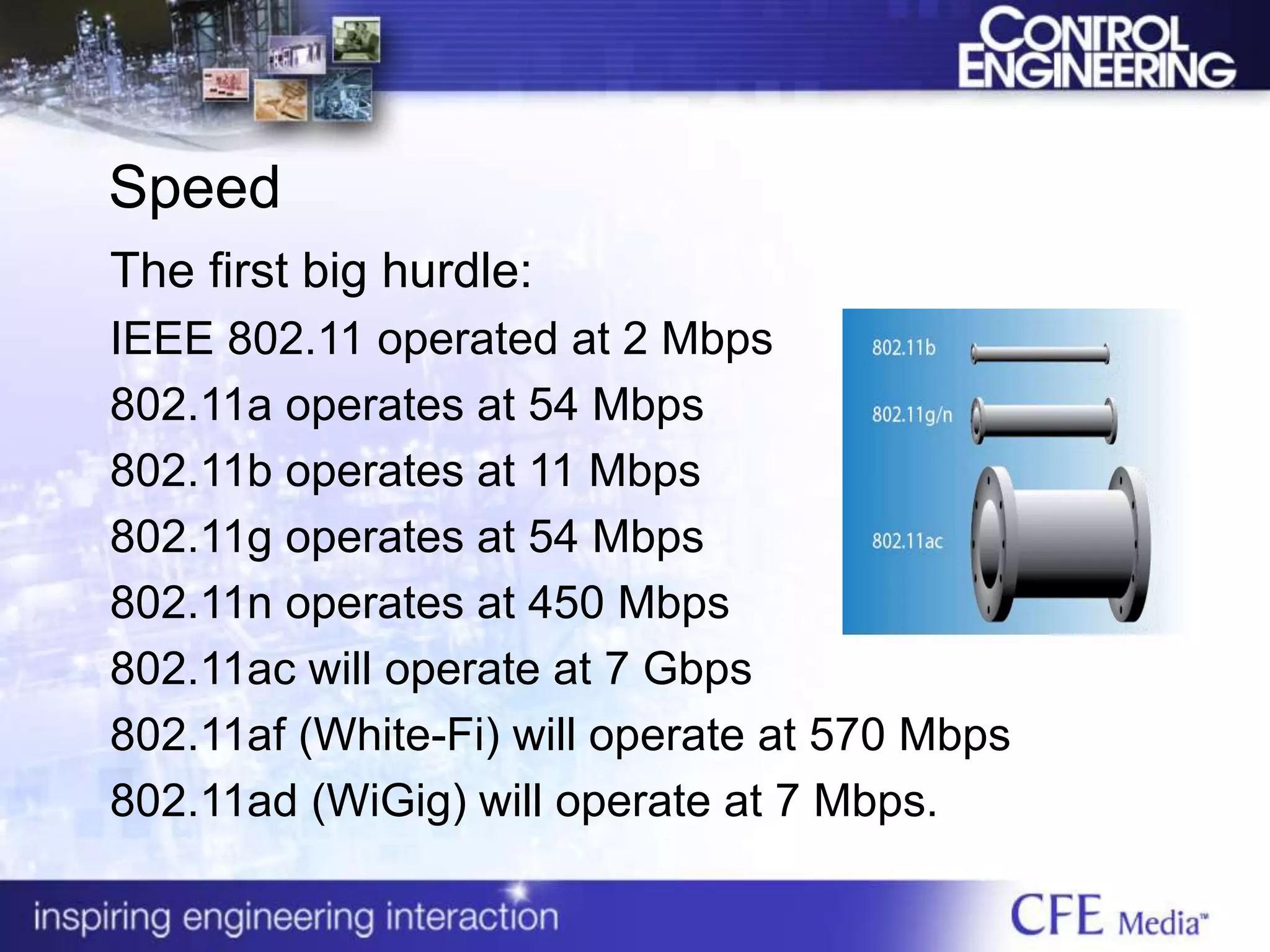 Speed
The first big hurdle:
IEEE 802.11 operated at 2 Mbps
802.11a operates at 54 Mbps
802.11b operates at 11 Mbps
802.11g operates at 54 Mbps
802.11n operates at 450 Mbps
802.11ac will operate at 7 Gbps
802.11af (White-Fi) will operate at 570 Mbps
802.11ad (WiGig) will operate at 7 Mbps.
 
