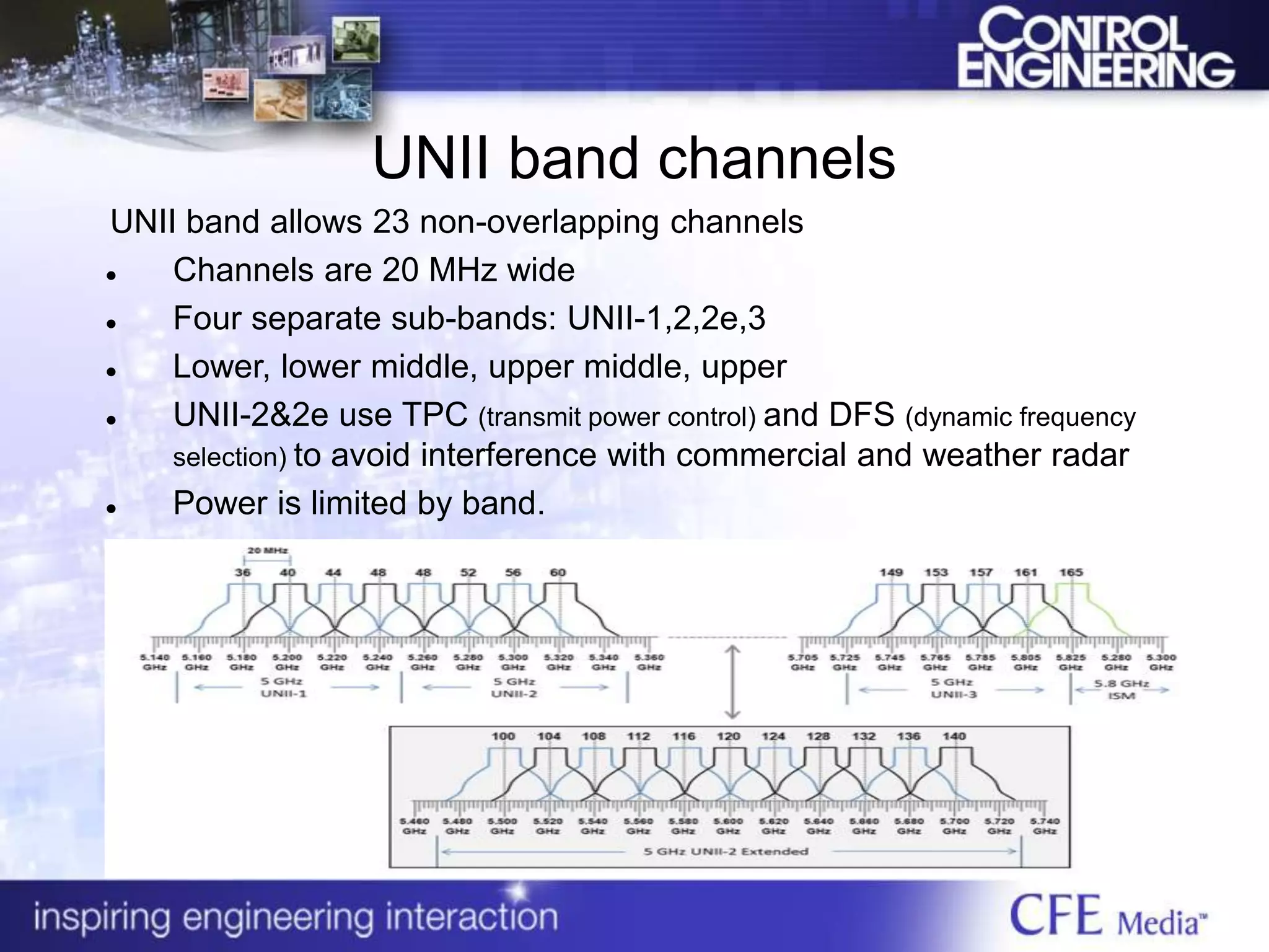 UNII band channels
UNII band allows 23 non-overlapping channels
 Channels are 20 MHz wide
 Four separate sub-bands: UNII-1,2,2e,3
 Lower, lower middle, upper middle, upper
 UNII-2&2e use TPC (transmit power control) and DFS (dynamic frequency
selection) to avoid interference with commercial and weather radar
 Power is limited by band.
 