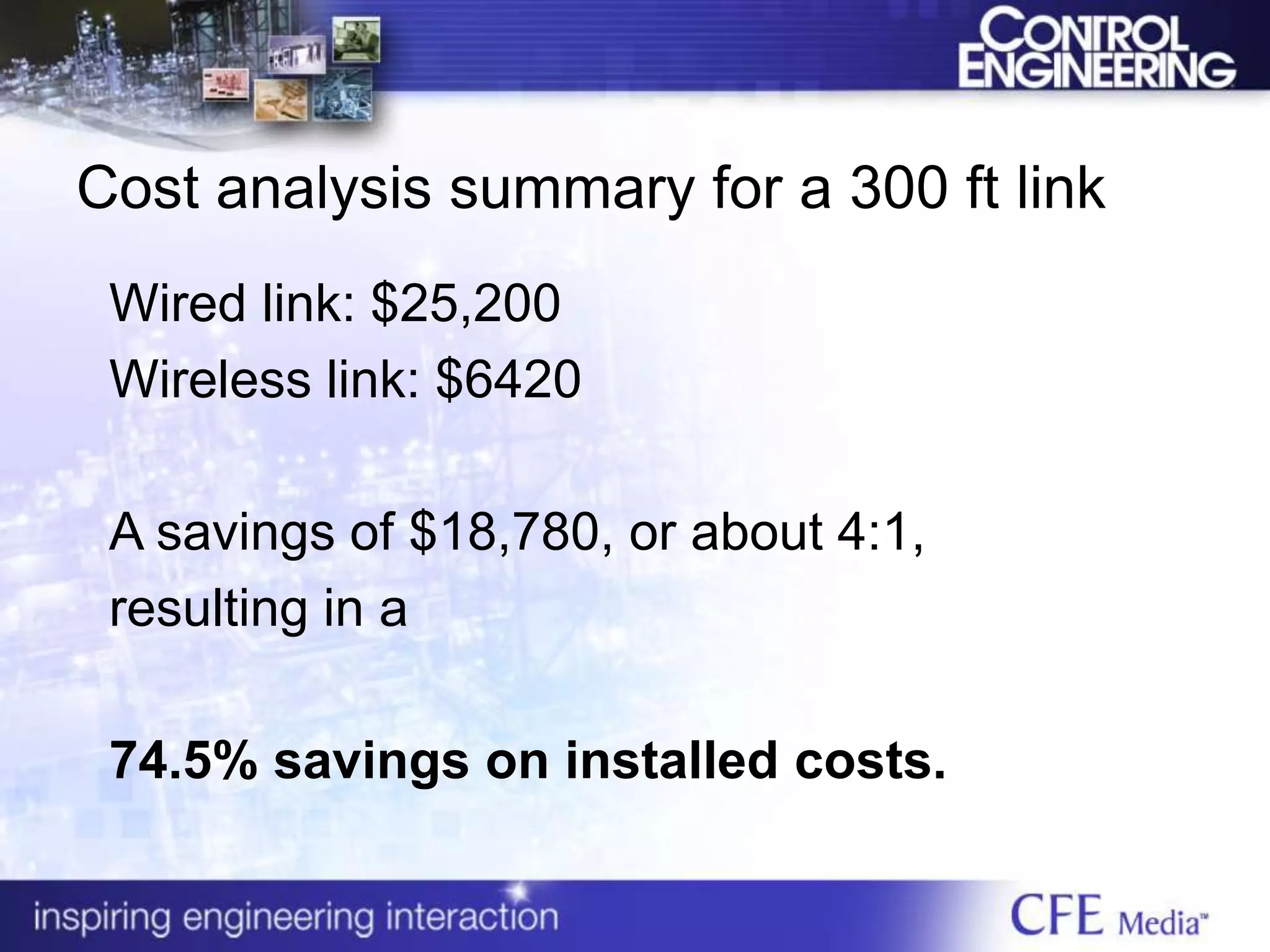 Cost analysis summary for a 300 ft link
Wired link: $25,200
Wireless link: $6420
A savings of $18,780, or about 4:1,
resulting in a
74.5% savings on installed costs.
 