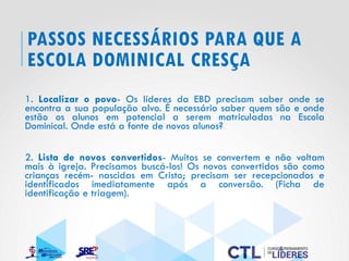 PASSOS NECESSÁRIOS PARA QUE A
ESCOLA DOMINICAL CRESÇA
1. Localizar o povo- Os líderes da EBD precisam saber onde se
encontra a sua população alvo. É necessário saber quem são e onde
estão os alunos em potencial a serem matriculadas na Escola
Dominical. Onde está a fonte de novos alunos?
2. Lista de novos convertidos- Muitos se convertem e não voltam
mais à igreja. Precisamos buscá-los! Os novos convertidos são como
crianças recém- nascidas em Cristo; precisam ser recepcionados e
identificados imediatamente após a conversão. (Ficha de
identificação e triagem).
 