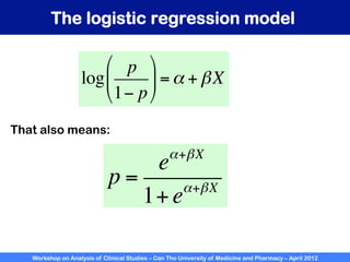 Workshop on Analysis of Clinical Studies – Can Tho University of Medicine and Pharmacy – April 2012
The logistic regression model
That also means:
log
p
1− p
"
#
$
%
&
' =α + βX
p =
eα+βX
1+eα+βX
 