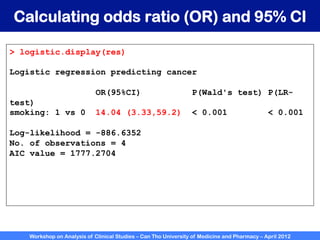 Workshop on Analysis of Clinical Studies – Can Tho University of Medicine and Pharmacy – April 2012
Calculating odds ratio (OR) and 95% CI
> logistic.display(res)
Logistic regression predicting cancer
OR(95%CI) P(Wald's test) P(LR-
test)
smoking: 1 vs 0 14.04 (3.33,59.2) < 0.001 < 0.001
Log-likelihood = -886.6352
No. of observations = 4
AIC value = 1777.2704
 