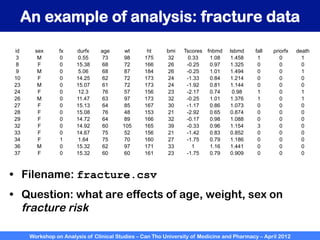 Workshop on Analysis of Clinical Studies – Can Tho University of Medicine and Pharmacy – April 2012
An example of analysis: fracture data
id sex fx durfx age wt ht bmi Tscores fnbmd lsbmd fall priorfx death
3 M 0 0.55 73 98 175 32 0.33 1.08 1.458 1 0 1
8 F 0 15.38 68 72 166 26 -0.25 0.97 1.325 0 0 0
9 M 0 5.06 68 87 184 26 -0.25 1.01 1.494 0 0 1
10 F 0 14.25 62 72 173 24 -1.33 0.84 1.214 0 0 0
23 M 0 15.07 61 72 173 24 -1.92 0.81 1.144 0 0 0
24 F 0 12.3 76 57 156 23 -2.17 0.74 0.98 1 0 1
26 M 0 11.47 63 97 173 32 -0.25 1.01 1.376 1 0 1
27 F 0 15.13 64 85 167 30 -1.17 0.86 1.073 0 0 0
28 F 0 15.08 76 48 153 21 -2.92 0.65 0.874 0 0 0
29 F 0 14.72 64 89 166 32 -0.17 0.98 1.088 0 0 0
32 F 0 14.92 60 105 165 39 -0.33 0.96 1.154 3 0 0
33 F 0 14.67 75 52 156 21 -1.42 0.83 0.852 0 0 0
34 F 1 1.64 75 70 160 27 -1.75 0.79 1.186 0 0 0
36 M 0 15.32 62 97 171 33 1 1.16 1.441 0 0 0
37 F 0 15.32 60 60 161 23 -1.75 0.79 0.909 0 0 0
•  Filename: fracture.csv
•  Question: what are effects of age, weight, sex on
fracture risk
 