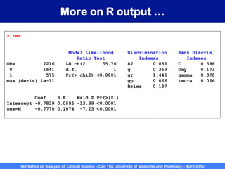 Workshop on Analysis of Clinical Studies – Can Tho University of Medicine and Pharmacy – April 2012
More on R output …
> res
Model Likelihood Discrimination Rank Discrim.
Ratio Test Indexes Indexes
Obs 2216 LR chi2 55.76 R2 0.036 C 0.586
0 1641 d.f. 1 g 0.369 Dxy 0.173
1 575 Pr(> chi2) <0.0001 gr 1.446 gamma 0.370
max |deriv| 1e-11 gp 0.066 tau-a 0.066
Brier 0.187
Coef S.E. Wald Z Pr(>|Z|)
Intercept -0.7829 0.0585 -13.39 <0.0001
sex=M -0.7770 0.1074 -7.23 <0.0001
 