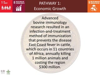 PATHWAY 1:
Economic Growth
Advanced
bovine immunology
research resulted in an
infection-and-treatment
method of immunization
that prevents the disease
East Coast fever in cattle,
which occurs in 11 countries
of Africa, annually killing
1 million animals and
costing the region
$300 million.
 