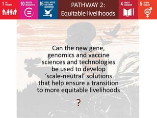 Can the new gene,
genomics and vaccine
sciences and technologies
be used to develop
‘scale-neutral’ solutions
that help ensure a transition
to more equitable livelihoods
?
PATHWAY 2:
Equitable livelihoods
 
