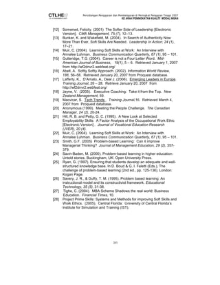 Persidangan Pengajaran dan Pembelajaran di Peringkat Pengajian Tinggi 2007 
KE ARAH PENINGKATAN KUALITI MODAL INSAN 
[12] Somerset, Felicity. (2001) The Softer Side of Leadership [Electronic 
Version]. CMA Management, 75 (7), 12–13. 
[13] Bunker, K. and Wakefield, M. (2004). In Search of Authenticity Now 
More Than Ever, Soft Skills Are Needed. Leadership In Action; 24 (1), 
17–21. 
[14] Muir, C. (2004). Learning Soft Skills at Work: An Interview with 
Annalee Luhman. Business Communication Quarterly, 67 (1), 95 – 101. 
[15] Gutteridge, T.G. (2004). Career is not a Four Letter Word. Mid- 
American Journal of Business, 19(1), 5 – 6. Retrieved January 1, 2007 
from http://wf2dnvr2.webfeat.org/ 
[16] Abell, A. Softly Softly Approach. (2002). Information World Review, 
186, 56–58. Retrieved January 20, 2007 from Proquest database. 
[17] Lafferty, K., D’Amato, A., Deal J. (2006). Emerging Leaders in Europe. 
Training Journal, 26 – 28. Retrieve January 20, 2007 from 
http://wf2dnvr2.webfeat.org/ 
[18] Jayne, V. (2005). Executive Coaching: Take it from the Top. New 
203 
Zealand Management, 59. 
[19] Macvicar, S. Tech Trends . Training Journal,16. Retrieved March 4, 
2007 from Proquest database. 
[20] Anonymous (1999). Meeting the People Challenge. The Canadian 
Manager, 24 (2), 20-24. 
[21] Hill, R. B. and Petty, G. C. (1995). A New Look at Selected 
Employability Skills: A Factor Analysis of the Occupational Work Ethic 
[Electronic Version] . Journal of Vocational Education Research 
(JVER), 20 (4). 
[22] Muir, C. (2004). Learning Soft Skills at Work: An Interview with 
Annalee Luhman. Business Communication Quarterly, 67 (1), 95 – 101. 
[23] Smith, G.F. (2005) Problem-based Learning: Can it improve 
Managerial Thinking? Journal of Management Education, 29 (2), 357- 
379. 
[24] Savin-Baden, M. (2000). Problem-based learning in higher education: 
Untold stories. Buckingham, UK: Open University Press. 
[25] Ryan, G. (1997). Ensuring that students develop an adequate and well-structured 
knowledge base. In D. Boud  G. I. Feletti (Eds.), The 
challenge of problem-based learning (2nd éd., pp. 125-136). London: 
Kogan Page. 
[26] Savery, J. R.,  Duffy, T. M. (1995). Problem based learning: An 
instructional model and its constructivist framework. Educational 
Technology, 35 (5), 31-38. 
[27] Tighe, C. (2004). MBA Scheme Shadows the real world: Business 
Education. Financial Times, 10. 
[28] Project Prime Skills: Systems and Methods for improving Soft Skills and 
Work Ethics. (2005). Central Florida: University of Central Florida’s 
Institute for Simulation and Training (IST). 
 