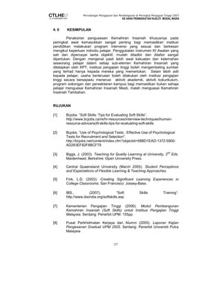 Persidangan Pengajaran dan Pembelajaran di Peringkat Pengajian Tinggi 2007 
KE ARAH PENINGKATAN KUALITI MODAL INSAN 
257 
4. 0 KESIMPULAN 
Penaksiran penguasaan Kemahiran Insaniah khususnya pada 
peringkat awal kemasukkan sangat penting bagi memastikan institusi 
pendidikan melakukan program intervensi yang sesuai dan berkesan 
mengikut keperluan individu pelajar. Penggubalan instrumen KI Awalan yang 
sah dan dipercayai serta objektif, mudah ditadbir dan ditafsir sangat 
diperlukan. Dengan mengenal pasti lebih awal kekuatan dan kelemahan 
seseorang pelajar dalam setiap sub-elemen Kemahiran Insaniah yang 
ditetapkan oleh KPT, institusi pengajian tinggi boleh mengembeling sumber 
yang terhad hanya kepada mereka yang memerlukan. Selain lebih adil 
kepada pelajar, usaha berterusan boleh dilakukan oleh institusi pengajian 
tinggi secara bersepadu menerusi aktiviti akademik, aktiviti kokurikulum, 
program sokongan dan persekitaran kampus bagi memastikan bukan sahaja 
pelajar menguasai Kemahiran Insaniah Mesti, malah menguasai Kemahiran 
Insaniah Tambahan. 
RUJUKAN 
[1] Bcjobs. “Soft Skills: Tips for Evaluating Soft Skills”. 
http://www.bcjobs.ca/re/hr-resources/interview-techniques/human-resource- 
advice/soft-skills-tips-for-evaluating-soft-skills 
[2] Bcjobs. “Use of Psychological Tests : Effective Use of Psychological 
Tests for Recruitment and Selection”. 
http://bcjobs.net/content/index.cfm?objectid=58BD1EAD-1372-5900- 
AD283EF82F8BCF79 
[3] Biggs, J. (2003). Teaching for Quality Learning at University, 2nd Eds. 
Maidenhead, Berkshire: Open University Press. 
[4] Central Queensland University (March 2005). Student Perceptions 
and Expectations of Flexible Learning  Teaching Approaches. 
[5] Fink, L.D. (2003). Creating Significant Learning Experiences in 
College Classrooms. San Francisco: Jossey-Bass. 
[6] IBS., (2007). “Soft Skills Training”. 
http://www.ibsindia.org/softskills.asp 
[7] Kementerian Pengajian Tinggi (2006). Modul Pembangunan 
Kemahiran Insaniah (Soft Skills) untuk Institusi Pengajian Tinggi 
Malaysia. Serdang: Penerbit UPM: 155pp. 
[8] Pusat Perkhidmatan Kerjaya dan Alumni (2005). Laporan Kajian 
Pengesanan Graduat UPM 2005. Serdang: Penerbit Universiti Putra 
Malaysia 
 