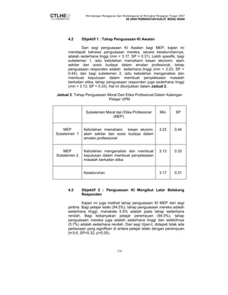Persidangan Pengajaran dan Pembelajaran di Peringkat Pengajian Tinggi 2007 
KE ARAH PENINGKATAN KUALITI MODAL INSAN 
4.2 Objektif 1 : Tahap Penguasaan KI Awalan 
Dari segi penguasaan KI Awalan bagi MEP, kajian ini 
mendapati bahawa penguasaan mereka, secara keseluruhannya, 
adalah sederhana tinggi (min = 3.17, SP = 0.31). Lebih spesifik, bagi 
subelemen 1, iaitu kebolehan memahami kesan ekonomi, alam 
sekitar dan sosio budaya dalam amalan profesional, tahap 
penguasaan responden adalah sederhana tinggi (min = 3.23, SP = 
0.44); dan bagi subelemen 2, iaitu kebolehan menganalisis dan 
membuat keputusan dalam membuat penyelesaian masalah 
berkaitan etika, tahap penguasaan responden juga sederhana tinggi 
(min = 3.13, SP = 0.33). Hal ini ditunjukkan dalam Jadual 2. 
Jadual 2: Tahap Penguasaan Moral Dan Etika Profesional Dalam Kalangan 
Pelajar UPM 
Subelemen Moral dan Etika Profesional 
(MEP) 
274 
Min 
SP 
MEP 
Subelemen 1 
Kebolehan memahami kesan ekoomi, 
alam sekitar dan sosio budaya dalam 
amalan professional 
3.23 
0.44 
MEP 
Subelemen 2 
Kebolehan menganalisis dan membuat 
keputusan dalam membuat penyelesaian 
masalah berkaitan etika 
3.13 
0.33 
Keseluruhan 
3.17 
0.31 
4.3 Objektif 2 : Penguasaan KI Mengikut Latar Belakang 
Responden 
Kajian ini juga melihat tahap penguasaan KI MEP dari segi 
jantina. Bagi pelajar lelaki (94.5%), tahap penguasaan mereka adalah 
sederhana tinggi, manakala 5.5% adalah pada tahap sederhana 
rendah. Bagi kebanyakan pelajar perempuan (94.3%), tahap 
penguasaan mereka juga adalah sederhana tinggi dan selebihnya 
(5.7%) adalah sederhana rendah. Dari segi Ujian-t, didapati tidak ada 
perbezaan yang signifikan di antara pelajar lelaki dengan perempuan 
(t=3.6, SP=0.32, p0.05). 
 