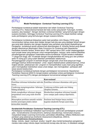 16 Oktober 2012
Model Pembelajaran Contextual Teaching Learning
(CTL)
Model Pembelajaran Contextual Teaching Learning (CTL)
Pembelajaran kontekstual adalah terjemahan dari istilah Contextual Teaching
Learning (CTL). Katacontextual berasal dari kata contex yang berarti “hubungan, konteks,
suasana, atau keadaan”. Dengan demikian contextual diartikan ”yang berhubungan dengan
suasana (konteks). Sehingga Contextual Teaching Learning (CTL) dapat diartikan sebagi
suatu pembelajaran yang berhubungan dengan suasana tertentu.
Pembelajaran kontekstual didasarkan pada hasil penelitian John Dewey (1916) yang
menyimpulkan bahwa siswa akan belajar dengan baik jika apa yang dipelajari terkait dengan
apa yang telah diketahui dan dengan kegiatan atau peristiwa yang terjadi disekelilingnya.
Pengajaran kontekstual sendiri pertama kali dikembangkan di Amerika Serikat yang diawali
dengan dibentuknya Washington State Consortum for Contextual oleh Departemen
Pendidikan Amerika Serikat. Antara tahun 1997 sampai tahun 2001 sudah diselenggarakan
tujuh proyek besar yang bertujuan untuk mengembangkan, menguji, serta melihat efektifitas
penyelenggaraan pengajaran matematika secara kontekstual. Proyek tersebut melibatkan
11 perguruan tinggi, dan 18 sekolah dengan mengikutsertakan 85 orang guru dan profesor
serta 75 orang guru yang sudah diberikan pembekalan sebelumnya.
Penyelenggaraan program ini berhasil dengan sangat baik untuk level perguruan tinggi
sehingga hasilnya direkomendasikan untuk segera disebarluaskan pelaksanaannya. Untuk
tingkat sekolah, pelaksanaan dari program ini memperlihatkan suatu hasil yang signifikan,
yakni meningkatkan ketertarikan siswa untuk belajar, dan meningkatkan partisipasi aktif
siswa secara keseluruhan.
Pembelajaran kontekstual berbeda dengan pembelajaran konvensional, Departemen
Pendidikan Nasional (2002:5) mengemukakan perbedaan antara pembelajaran Contextual
Teaching Learning (CTL) dengan pembelajaran konvensional sebagai berikut:
CTL Konvensional
Pemilihan informasi kebutuhan individu
siswa;
Pemilihan informasi ditentukan oleh guru;
Cenderung mengintegrasikan beberapa
bidang (disiplin);
Cenderung terfokus pada satu bidang
(disiplin) tertentu;
Selalu mengkaitkan informasi dengan
pengetahuan awal yang telah dimiliki
siswa;
Memberikan tumpukan informasi kepada
siswa sampai pada saatnya diperlukan;
Menerapkan penilaian autentik melalui
melalui penerapan praktis dalam
pemecahan masalah;
Penilaian hasil belajar hanya melalui
kegiatan akademik berupa ujian/ulang
Karakteristik Pendekatan Contextual Teaching Learning (CTL)
Pembelajaran kontekstual melibatkan tujuh komponen utama dari pembelajaran produktif
yaitu : konstruktivisme (Constructivism), bertanya (Questioning), menemukan (Inquiry),
masyarakat belajar (Learning Community), pemodelan (Modelling), refleksi (Reflection) dan
penilaian yang sebenarnya (Authentic Assessment) (Depdiknas, 2003:5).
1. Konstruktivisme (Constructivism)
Setiap individu dapat membuat struktur kognitif atau mental berdasarkan pengalaman
mereka maka setiap individu dapat membentuk konsep atau ide baru, ini dikatakan sebagai
 