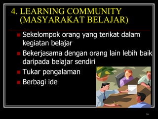144. LEARNING COMMUNITY       (MASYARAKAT BELAJAR)Sekelompok orang yang terikat dalam kegiatan belajarBekerjasama dengan orang lain lebih baik daripada belajar sendiriTukar pengalamanBerbagi ide