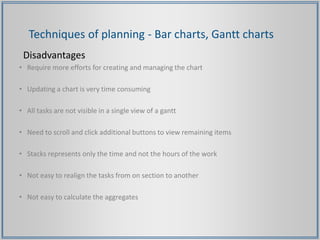 Techniques of planning - Bar charts, Gantt charts
Disadvantages
• Require more efforts for creating and managing the chart
• Updating a chart is very time consuming
• All tasks are not visible in a single view of a gantt
• Need to scroll and click additional buttons to view remaining items
• Stacks represents only the time and not the hours of the work
• Not easy to realign the tasks from on section to another
• Not easy to calculate the aggregates
 