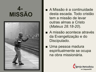 4-
MISSÃO
■ A Missão é a continuidade
desta escada. Todo cristão
tem a missão de levar
outras almas a Cristo
(Mateus 28.18-20).
■ A missão acontece através
da Evangelização e do
Discipulado.
■ Uma pessoa madura
espiritualmente se ocupa
na obra missionária.
em Cataguases/MG
 