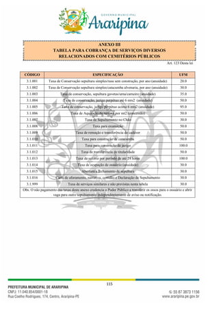 115
ANEXO III
TABELA PARA COBRANÇA DE SERVIÇOS DIVERSOS
RELACIONADOS COM CEMITÉRIOS PÚBLICOS
Art. 123 Desta lei
CÓDIGO ESPECIFICAÇÃO UFM
3.1.001 Taxa de Conservação sepultura simples/rasa sem construção, por ano (anuidade) 20.0
3.1.002 Taxa de Conservação sepultura simples/catacumba alvenaria, por ano (anuidade) 30.0
3.1.003 Taxa de conservação, sepultura gavetas/urna/carneiro (anuidade) 35.0
3.1.004 Taxa de conservação, jazigo perpétuo até 6 mts2 (anuidade) 50.0
3.1.005 Taxa de conservação, jazigo perpétuo acima 6 mts2 (anuidade) 95.0
3.1.006 Taxa de Aquisição do terreno por mt2 (concessão) 50.0
3.1.007 Taxa de Sepultamento no Chão 30.0
3.1.008 Taxa para exumação 50.0
3.1.009 Taxa de remoção e transferência de cadáver 50.0
3.1.010 Taxa para construção de catacumba 50.0
3.1.011 Taxa para construção de jazigo 100.0
3.1.012 Taxa de transferência de titularidade 50.0
3.1.013 Taxa de velório por período de até 24 horas 100.0
3.1.014 Taxa de ocupação de ossuário (anuidade) 30.0
3.1.015 Abertura e fechamento de sepultura 30.0
3.1.016 Carta de aforamento, narrativa, certidão e Declaração de Sepultamento 30.0
3.1.999 Taxa de serviços similares e não previstas nesta tabela 30.0
Obs. O não pagamento das taxas deste anexo credencia o Poder Público a transferir os ossos para o ossuário e abrir
vaga para outro sepultamento independentemente de aviso ou notificação.
 