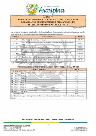 116
ANEXO IV
TABELA PARA COBRANÇA DA TAXA ANUAL DE LICENÇA PARA
LOCALIZAÇÃO, FUNCIONAMENTO E PERMANÊNCIA DE
ESTABELECIMENTOS E NEGÓCIOS - TLLF
Artigo 127 desta lei.
As taxas de licença de localização e de fiscalização do funcionamento são determinadas de acordo
com a área de localização do estabelecimento e de suas áreas construídas:
CÓDIGO ESPECIFICAÇÃO UFM
4.1.001 Área Central de Comércio e Serviços. 120.00
4.1.002
Área de Corredores Comerciais e de Serviços e Áreas urbanas de padrão médio e
alto.
90.00
4.1.003 Áreas urbanas de padrão popular e baixo. 50.00
4.1.004 Bancos comerciais, exceto correspondentes – valor fixo anual 2.950.00
4.1.005
Concessionárias /permissionária de serviço público – valor fixo – escritório
anual
2.000,00
4.1.006 Telefonia fixa e móvel – por torre e/ou equipamento anual 500.00
4.1.007 Torre para produção de energia eólica – fixo anual, por unidade 800.00
N.B.: As áreas de localização serão estabelecidas por ato do Poder Executivo.
FATOR DE CORREÇÃO CONFORME ÁREA CONSTRUÍDA – DO ANEXO IV
ÁREA UTILIZADA FATOR
Até 20,00 m² 1.0
De 20,01 a 30,00 m² 1.5
De 30,01 a 40,00 m² 2,0
De 40,01 a 50,00 m² 2.5
De 50,01 a 70,00 m² 2.6
De 70,01 a 100,00 m² 3.0
De 100,01 a 200,00 m² 3.5
De 200,01 a 350,00 m² 4.0
De 350,01 a 500,00 m² 5.0
De 500,01 a 1.000,00 m² 6.0
Acima de 1.000 m² 10.0
Estabelecimentos que vendem produtos Inflamáveis serão acrescidos de mais 2 pontos em relação ao fator desta
tabela.
ATIVIDADES NÃO ENQUADRADAS NA TABELA ACIMA – ESPECIAL
 