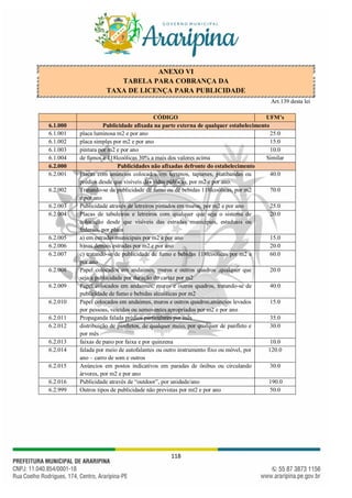 118
ANEXO VI
TABELA PARA COBRANÇA DA
TAXA DE LICENÇA PARA PUBLICIDADE
Art.139 desta lei
CÓDIGO UFM’s
6.1.000 Publicidade afixada na parte externa de qualquer estabelecimento
6.1.001 placa luminosa m2 e por ano 25.0
6.1.002 placa simples por m2 e por ano 15.0
6.1.003 pintura por m2 e por ano 10.0
6.1.004 de fumos e 118lcoólicas 30% a mais dos valores acima Similar
6.2.000 Publicidades não afixadas defronte do estabelecimento
6.2.001 Placas com anúncios colocados em terrenos, tapumes, platibandas ou
prédios desde que visíveis das vidas públicas, por m2 e por ano.
40.0
6.2.002 Tratando-se da publicidade de fumo ou de bebidas 118lcoólicas, por m2
e por ano
70.0
6.2.003 Publicidade através de letreiros pintados em muros, por m2 e por ano 25.0
6.2.004 Placas de tabuleiros e letreiros com qualquer que seja o sistema de
colocação desde que visíveis das estradas municipais, estaduais ou
federais, por placa
20.0
6.2.005 a) em estradas municipais por m2 e por ano 15.0
6.2.006 b)nas demais estradas por m2 e por ano 20.0
6.2.007 c) tratando-se de publicidade de fumo e bebidas 118lcoólicas por m2 e
por ano
60.0
6.2.008 Papel colocados em andaimes, muros e outros quadros ,qualquer que
seja a publicidade por duração do cartaz por m2
20.0
6.2.009 Papel colocados em andaimes, muros e outros quadros, tratando-se de
publicidade de fumo e bebidas alcoólicas por m2
40.0
6.2.010 Papel colocados em andaimes, muros e outros quadros,anúncios levados
por pessoas, veículos ou semoventes apropriados por m2 e por ano
15.0
6.2.011 Propaganda falada prédios particulares por mês 35.0
6.2.012 distribuição de panfletos, de qualquer meio, por qualquer de panfleto e
por mês
30.0
6.2.013 faixas de pano por faixa e por quinzena 10.0
6.2.014 falada por meio de autofalantes ou outro instrumento fixo ou móvel, por
ano – carro de som e outros
120.0
6.2.015 Anúncios em postos indicativos em paradas de ônibus ou circulando
árvores, por m2 e por ano
30.0
6.2.016 Publicidade através de “outdoor”, por unidade/ano 190.0
6.2.999 Outros tipos de publicidade não previstas por mt2 e por ano 50.0
 