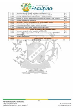 127
11.4.012 Termo aprovação de planta de edificação residencial até 100 m2
. 10.0
11.4.013 Termo aprovação de planta de edificação residencial acima 100 m2
. 15.0
11.4.014 Laudo de vistoria em obras, estabelecimentos e vigilância sanitária 10.0
11.4.015 Cópia de leis, decretos, portarias, instrução normativa (cobrar só o custo da cópia) isento
11.4.016 Inscrição no cadastro de fornecedores 15.0
11.5.000 Apreensão e depósito de animal, solto na via pública, por unidade
11.5.001 Bovinos e outros de portes similares por evento 50.0
11.5.002 Equinos e muares e outros de portes similares por evento 50.0
11.5.003 Caprino ovino, suíno e outros de portes similares por evento 30.0
11.6.000 Termos de Avaliações, Arrematações e outros
11.6.001 Termo de avaliação de imóvel para efeito de ITBI e IPTU 30.0
11.6.002 Termo de Arrematação em leilão realizado pelo município por cada 1.000 UFM’s
arrematados
30.0
11.6.003 Termo de arbitramento 50.0
11.8.000 Documentos não discriminados
11.8.001 Emissão de qualquer documento de fé pública não mencionado nesta tabela. 30.0
 
