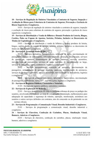 29
18 – Serviços de Regulação de Sinistros Vinculados a Contratos de Seguros; Inspeção e
Avaliação de Riscos para Cobertura de Contratos de Seguros; Prevenção e Gerência de
Riscos Seguráveis e Congêneres.
18.01 - Serviços de regulação de sinistros vinculados a contratos de seguros; inspeção
e avaliação de riscos para cobertura de contratos de seguros; prevenção e gerência de riscos
seguráveis e congêneres.
19 – Serviços de Distribuição e Venda de Bilhetes e Demais Produtos de Loteria, Bingos,
Cartões, Pules ou Cupons de Apostas, Sorteios, Prêmios, Inclusive os Decorrentes de
Títulos de Capitalização e Congêneres.
19.01 - Serviços de distribuição e venda de bilhetes e demais produtos de loteria,
bingos, cartões, pules ou cupons de apostas, sorteios, prêmios, inclusive os decorrentes de
títulos de capitalização e congêneres.
20 – Serviços de Terminais Rodoviários.
20.01 – Serviços portuários, ferroportuários, utilização de porto, movimentação de
passageiros, reboque de embarcações, rebocador escoteiro, atracação, desatracação, serviços
de praticagem, capatazia, armazenagem de qualquer natureza, serviços acessórios,
movimentação de mercadorias, serviços de apoio marítimo, de movimentação ao largo,
serviços de armadores, estiva, conferência, logística e congêneres.
20.02 – Serviços aeroportuários, utilização de aeroporto, movimentação de
passageiros, armazenagem de qualquer natureza, capatazia, movimentação de aeronaves,
serviços de apoio aeroportuários, serviços acessórios, movimentação de mercadorias, logística
e congêneres.
20.03 – Serviços de terminais rodoviários, ferroviários, metroviários, movimentação
de passageiros, mercadorias, inclusive suas operações, logística e congêneres.
21 – Serviços de Registros Públicos, Cartorários e Notariais.
21.01 - Serviços de registros públicos, cartorários e notariais.
22 – Serviços de Exploração de Rodovia.
22.01 – Serviços de exploração de rodovia mediante cobrança de preço ou pedágio dos
usuários, envolvendo execução de serviços de conservação, manutenção, melhoramentos para
adequação de capacidade e segurança de trânsito, operação, monitoração, assistência aos
usuários e outros serviços definidos em contratos, atos de concessão ou de permissão ou em
normas oficiais.
23 – Serviços de Programação e Comunicação Visual, Desenho Industrial e Congêneres.
23.01 – Serviços de programação e comunicação visual, desenho industrial e
congêneres.
24 – Serviços de Chaveiros, Confecção de Carimbos, Placas, Sinalização Visual,
Banners, Adesivos e Congêneres.
24.01 - Serviços de chaveiros, confecção de carimbos, placas, sinalização visual,
banners, adesivos e congêneres.
 