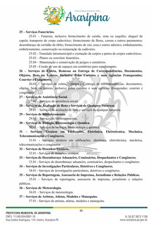 30
25 – Serviços Funerários.
25.01 – Funerais, inclusive fornecimento de caixão, urna ou esquifes; aluguel de
capela; transporte do corpo cadavérico; fornecimento de flores, coroas e outros paramentos;
desembaraço de certidão de óbito; fornecimento de véu, essa e outros adornos; embalsamento,
embelezamento, conservação ou restauração de cadáveres.
25.02 - Translado intramunicipal e cremação de corpos e partes de corpos cadavéricos.
25.03 – Planos ou convênio funerários.
25.04 – Manutenção e conservação de jazigos e cemitérios.
25.05 - Cessão de uso de espaços em cemitérios para sepultamento.
26 – Serviços de Coleta, Remessa ou Entrega de Correspondências, Documentos,
Objetos, Bens ou Valores, Inclusive Pelos Correios e suas Agências Franqueadas;
Courrier e Congêneres.
26.01 – Serviços de coleta, remessa ou entrega de correspondências, documentos,
objetos, bens ou valores, inclusive pelos correios e suas agências franqueadas; courrier e
congêneres.
27 – Serviços de Assistência Social.
27.01 – Serviços de assistência social.
28 – Serviços de Avaliação de Bens e Serviços de Qualquer Natureza.
28.01 – Serviços de avaliação de bens e serviços de qualquer natureza.
29 – Serviços de Biblioteconomia.
29.01 – Serviços de biblioteconomia.
30 – Serviços de Biologia, Biotecnologia e Química.
30.01 – Serviços de biologia, biotecnologia e química.
31 – Serviços Técnicos em Edificações, Eletrônica, Eletrotécnica, Mecânica,
Telecomunicações e Congêneres.
31.01 - Serviços técnicos em edificações, eletrônica, eletrotécnica, mecânica,
telecomunicações e congêneres.
32 – Serviços de Desenhos Técnicos.
32.01 - Serviços de desenhos técnicos.
33 – Serviços de Desembaraço Aduaneiro, Comissários, Despachantes e Congêneres.
33.01 - Serviços de desembaraço aduaneiro, comissários, despachantes e congêneres.
34 – Serviços de Investigações Particulares, Detetives e Congêneres.
34.01 - Serviços de investigações particulares, detetives e congêneres.
35 – Serviços de Reportagem, Assessoria de Imprensa, Jornalismo e Relações Públicas.
35.01 - Serviços de reportagem, assessoria de imprensa, jornalismo e relações
públicas.
36 – Serviços de Meteorologia.
36.01 – Serviços de meteorologia.
37 – Serviços de Artistas, Atletas, Modelos e Manequins.
37.01 - Serviços de artistas, atletas, modelos e manequins.
 