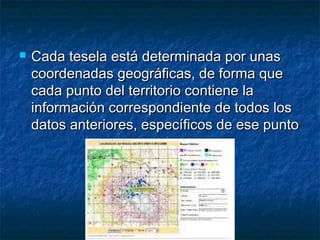    Cada tesela está determinada por unas
    coordenadas geográficas, de forma que
    cada punto del territorio contiene la
    información correspondiente de todos los
    datos anteriores, específicos de ese punto
 