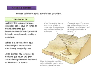 Crecidas o avenidas

            Pueden ser de dos tipos: Torrenciales y Fluviales

        TORRENCIALES
Los torrentes son cauces secos
excavados por el agua en zonas de
mucha pendiente que
desembocan en un canal principal,
de fondo plano llamado rambla o
torrentera.

Debido a la velocidad del agua
puede originar inundaciones
repentinas y muy peligrosas.

En los pirineos hay torrentes de
montaña que llevan una gran
cantidad de agua tras el deshielo o
las tormentas de verano
 