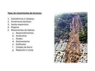Tipos de movimientos de terrenos:

1.   Subsidencias o colapsos
2.   Fenómenos kársticos
3.   Suelos expansivos
4.   Diapiros
5.   Movimientos de laderas
      a. Desprendimientos
      b. Avalanchas
      c. Aludes
      d. Deslizamiento
      e. Solifluxión
      f. Coladas de barro
      g. Reptación o creep
 