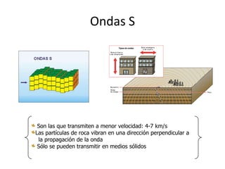 Ondas S




 Son las que transmiten a menor velocidad: 4-7 km/s
Las partículas de roca vibran en una dirección perpendicular a
 la propagación de la onda
 Sólo se pueden transmitir en medios sólidos
 