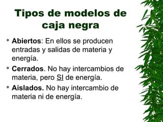 Tipos de modelos de
         caja negra
 Abiertos: En ellos se producen
  entradas y salidas de materia y
  energía.
 Cerrados. No hay intercambios de

  materia, pero SI de energía.
 Aislados. No hay intercambio de

  materia ni de energía.
 