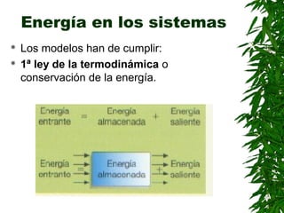 Energía en los sistemas
   Los modelos han de cumplir:
   1ª ley de la termodinámica o
    conservación de la energía.
 