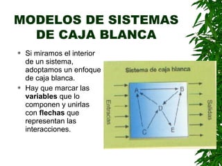 MODELOS DE SISTEMAS
  DE CAJA BLANCA
   Si miramos el interior
    de un sistema,
    adoptamos un enfoque
    de caja blanca.
   Hay que marcar las
    variables que lo
    componen y unirlas
    con flechas que
    representan las
    interacciones.
 