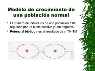 Modelo de crecimiento de
 una población normal
   El número de individuos de una población está
    regulado por un bucle positivo y uno negativo.
   Potencial biótico r es el resultado de r=TN-TM
 