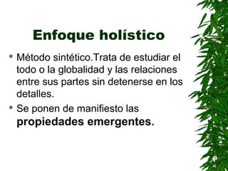 Enfoque holístico
 Método sintético.Trata de estudiar el
  todo o la globalidad y las relaciones
  entre sus partes sin detenerse en los
  detalles.
 Se ponen de manifiesto las

  propiedades emergentes.
 
