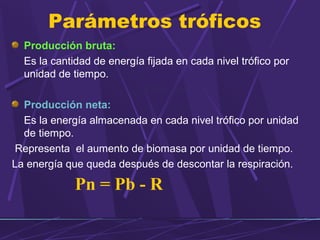Parámetros tróficos 
Producción bruta: 
Es la cantidad de energía fijada en cada nivel trófico por 
unidad de tiempo. 
Producción neta: 
Es la energía almacenada en cada nivel trófico por unidad 
de tiempo. 
Representa el aumento de biomasa por unidad de tiempo. 
La energía que queda después de descontar la respiración. 
Pn = Pb - R 
 