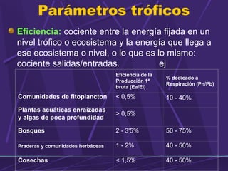 Parámetros tróficos 
Eficiencia: cociente entre la energía fijada en un 
nivel trófico o ecosistema y la energía que llega a 
ese ecosistema o nivel, o lo que es lo mismo: 
cociente salidas/entradas. ej 
Eficiencia de la 
Producción 1ª 
bruta (Ea/Ei) 
% dedicado a 
Respiración (Pn/Pb) 
Comunidades de fitoplancton < 0,5% 10 - 40% 
Plantas acuáticas enraizadas 
y algas de poca profundidad > 0,5% 
Bosques 2 - 3'5% 50 - 75% 
Praderas y comunidades herbáceas 1 - 2% 40 - 50% 
Cosechas < 1,5% 40 - 50% 
 