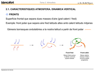 Departament de Ciències
Tema 2: Atmosfera se le ctivitat lo g se
2.1. CARACTERISTIQUES ATMOSFERA. DINAMICA VERTICAL
 FRONTS
Superfície frontal que separa dues masses d’aire (gral calent / fred)
Exemple: front polar que separa aire fred latituds altes amb calent latituds mitjanes
Gènesis borrasques ondulatòries a la nostra latitud a partir de front polar
B
Front fred
Massa freda avança
s calenta i provoca
pujada sobtada
Front càlid
Massa calenta
avança s freda i
provoca pujada
progressiva
 