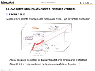 Departament de Ciències
Tema 2: Atmosfera se le ctivitat lo g se
2.1. CARACTERISTIQUES ATMOSFERA. DINAMICA VERTICAL
 FRONT CALID
Al seu pas pluja persistent de baixa intensitat amb àmplia àrea d’afectació
Situació tipica costa nord-oest de la península (Galicia, Asturies,…)
Massa d’aire calenta avança sobre massa aire freda. Part davantera front polar
 