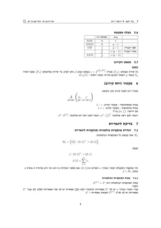 ‫לינאריות‬ ‫בדיקת‬ 7‫החישובים‬ ‫מורכבות‬
‫מסכמת‬ ‫טבלה‬ 5.6
Pr (‫)שגיאה‬ deg
NOT 0 1
MOD 0 q − 1
OR 1
q q − 1 ‫הגברה‬ ‫לפני‬
1
qr r (q − 1) ‫הגברה‬ ‫אחרי‬
AND 1
qr r (q − 1)
‫הקירוב‬ ‫משפט‬ 5.7
‫משפט‬
‫השדה‬ ‫)מעל‬ {Pn} ‫פולינומים‬ ‫סדרת‬ ‫ע"י‬ ‫לקרב‬ ‫ניתן‬ ,d ‫קבוע‬ ‫בעומק‬ s = 2
O
(
n
1
2d
)
‫מגודל‬ {Cn} ‫מעגלים‬ ‫סדרת‬ ‫כל‬
.O (
√
n) - ‫יחסית‬ ‫קטנה‬ ‫מדרגה‬ (‫וקבוע‬ ‫ראשוני‬ q ‫כאשר‬ Zq
(‫קירוב‬ ‫)יחס‬ ‫פקטור‬ 6
:‫כרצוננו‬ ‫טוב‬ ‫קירוב‬ ‫לקבל‬ ‫היא‬ ‫מטרה‬
A
‫אלגוריתם‬
(
x
‫קלט‬
, ε
‫דיוק‬ ‫דרישת‬
)
.1 − ε :‫קירוב‬ ‫פקטור‬ - ‫מקסימיזציה‬ ‫בעיית‬
.1 + ε :‫קירוב‬ ‫פקטור‬ - ‫מינימיזציה‬ ‫בעיית‬
Poly
(
n, 1
ε
)
:‫הריצה‬ ‫זמן‬
.n3
· 2(1
ε ) :‫פולינומי‬ ‫לא‬ ‫ריצה‬ ‫לזמן‬ ‫דוגמה‬ ,n3
·
(1
ε
)2
:‫פולינומי‬ ‫ריצה‬ ‫לזמן‬ ‫דוגמה‬
‫לינאריות‬ ‫בדיקת‬ 7
‫לינאריות‬ ‫ופונקציות‬ ‫בולאניות‬ ‫פונקציות‬ ‫הגדרת‬ 7.1
:‫הבולאניות‬ ‫הפונקציות‬ ‫כל‬ ‫קבוצת‬ ‫זאת‬ Hn
Hn =
{
h h : {0, 1}
n
→ {0, 1}
}
:‫למשל‬
f : {0, 1}
n
→ {0, 1}
f (⃗x) =
n∑
i=1
xi
.1 ‫אחרת‬ 0 ‫מחזירה‬ ‫היא‬ ‫זוגי‬ ‫הוא‬ ‫בו‬ ‫האחדות‬ ‫מספר‬ ‫ואם‬ {0, 1}-‫מ‬ ‫המורכב‬ n ‫באורך‬ ‫וקטור‬ ‫המקבלת‬ ‫פונקציה‬ ‫זוהי‬
.f ∈ Hn ‫כמובן‬
‫הבולאניות‬ ‫הפונקציות‬ ‫כמות‬ 7.1.1
.2(2n
)
= 4n
‫היא‬ ‫הבולאניות‬ ‫הפונקציות‬ ‫כמות‬
:‫הסבר‬
2n
‫עבור‬ ‫לכן‬ ,‫לפלט‬ ‫אפשרויות‬ ‫שתי‬ ‫לנו‬ ‫יש‬ ‫אפשרות‬ ‫ולכל‬ ‫קלט‬ ‫לווקטורי‬ ‫אפשרויות‬ 2n
‫לנו‬ ‫יש‬ n ‫באורך‬ ‫וקטור‬ ‫עבור‬
.4n
- ‫אפשריות‬ ‫תוצאות‬ 2(2n
)
‫סה"כ‬ ‫לנו‬ ‫יש‬ ‫אפשרויות‬
8
 